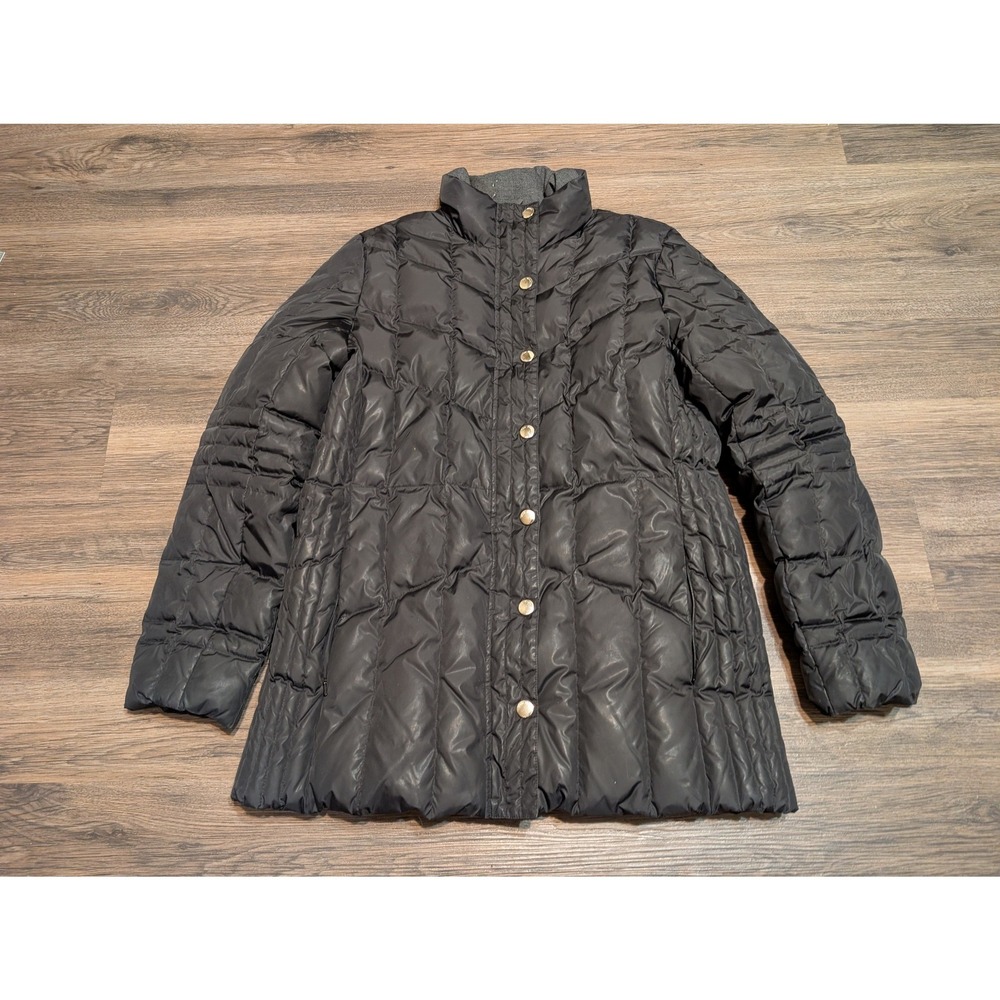 Brooks Brothers 346 Womens Black Quilted Down Puffer Jacket Size 14 Gold Snaps